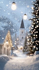 Fototapeta premium Snowy village scene with church and festive lights, AI