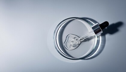 serum for the face oil fluid or gel with a pipette in petri dish on a gray background