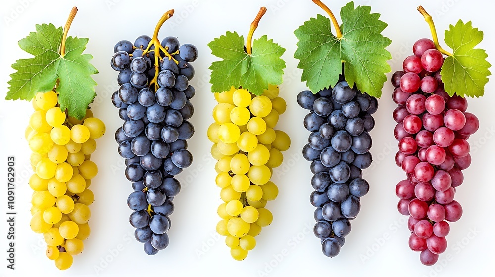Poster multiple grape bunches in varying colors presented on light background : generative ai