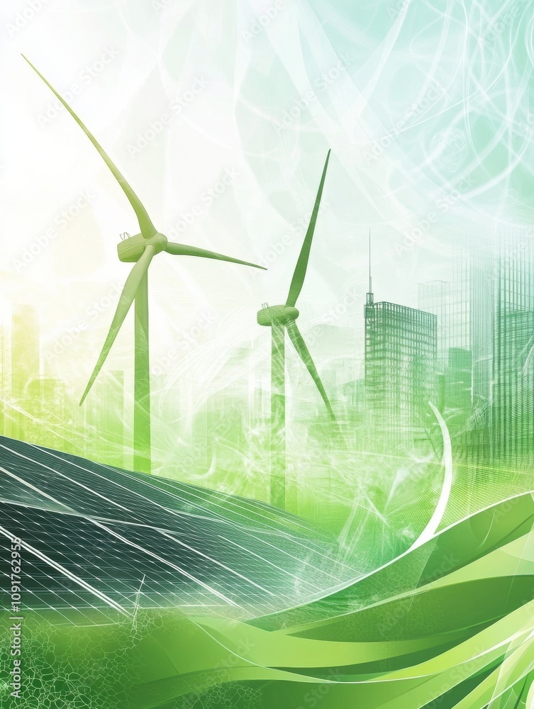 Poster Solar panels and wind turbines combine harmoniously with abstract green patterns, showcasing a commitment to renewable energy. Generative AI