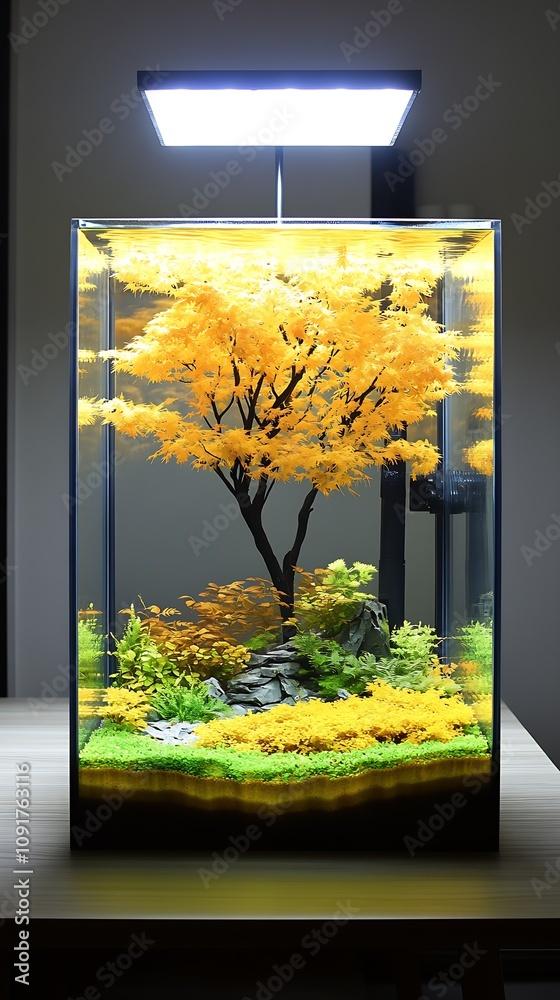 Poster Illuminated Aquarium with Vibrant Foliage and Bonsai Tree Creating a Beautiful Indoor Landscape : Generative AI