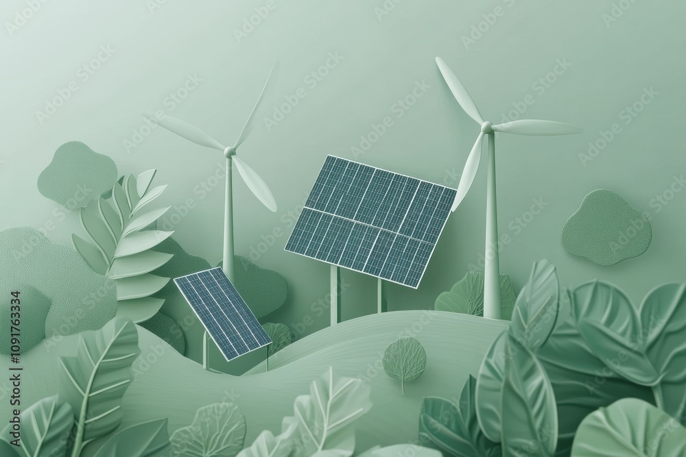 Aufkleber solar panels and wind turbines create a sustainable energy scene against an abstract green backdrop 