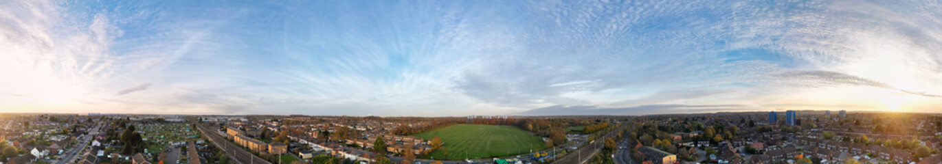 Aerial Panoramic View of Central Luton City of England UK During Cold Sunset