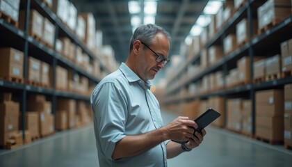 A man checking inventory on a tablet while standing in a large, organized warehouse filled with boxes. The image highlights logistics, technology, and efficiency in supply chain management.