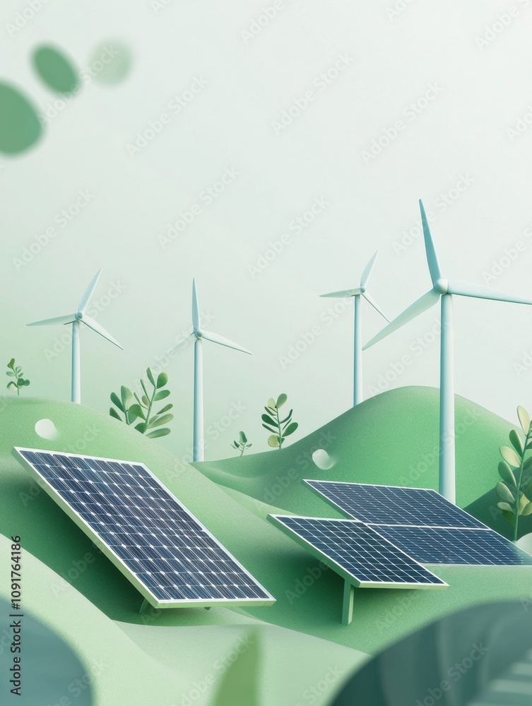 Aufkleber solar panels and wind turbines are prominently displayed in a tranquil landscape, surrounded by gree