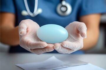 Medical professional holding a blue breast implant with gloved hands. Clinical setting with blurred background. Healthcare and cosmetic surgery concept.