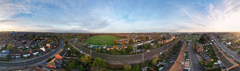 Aerial Panoramic View of Central Luton City of England UK During Cold Sunset