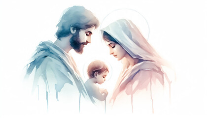 Watercolor illustration of the Holy Family. Jesus, Mary and Joseph. Christmas time