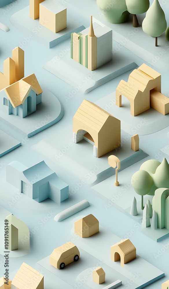 Poster minimalist 3d cityscape with pastel geometric buildings and urban design elements : generative ai