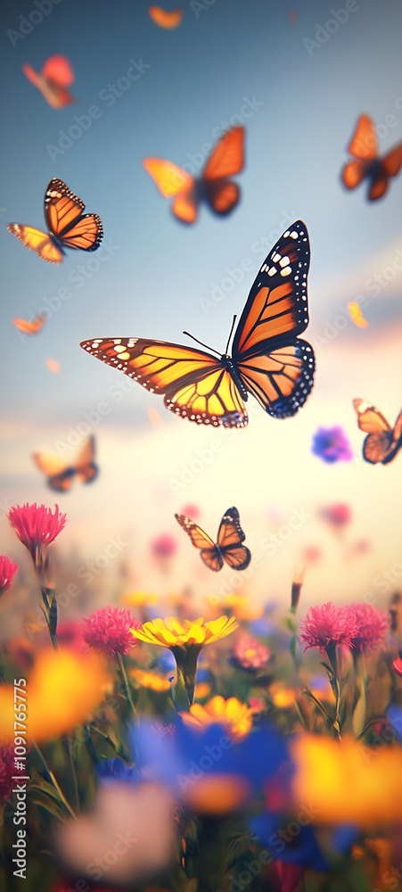 Poster enchanting scene of butterflies in flight above a vivid floral field in ethereal morning light : gen