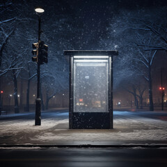 Bus stop on a snowy night