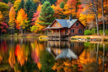 Fototapeta premium Log cabin by the lake in the woods, water reflections in fall, secluded lake house getaway