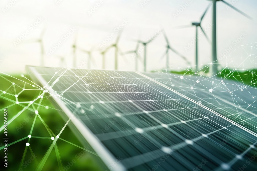 Aufkleber solar panels capture sunlight while wind turbines spin in the background, showcasing sustainable ene