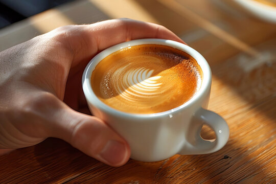 Man Rejects Cup of Coffee on Wooden Desk Close-up