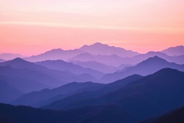 Naklejka premium Layers of mountains stretch across the horizon as the sun sets, casting warm colors and gentle shadows over the serene landscape. Generative AI