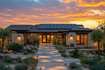 Fototapeta premium Sustainable smart home exterior with solar panels, dramatic dusk lighting.