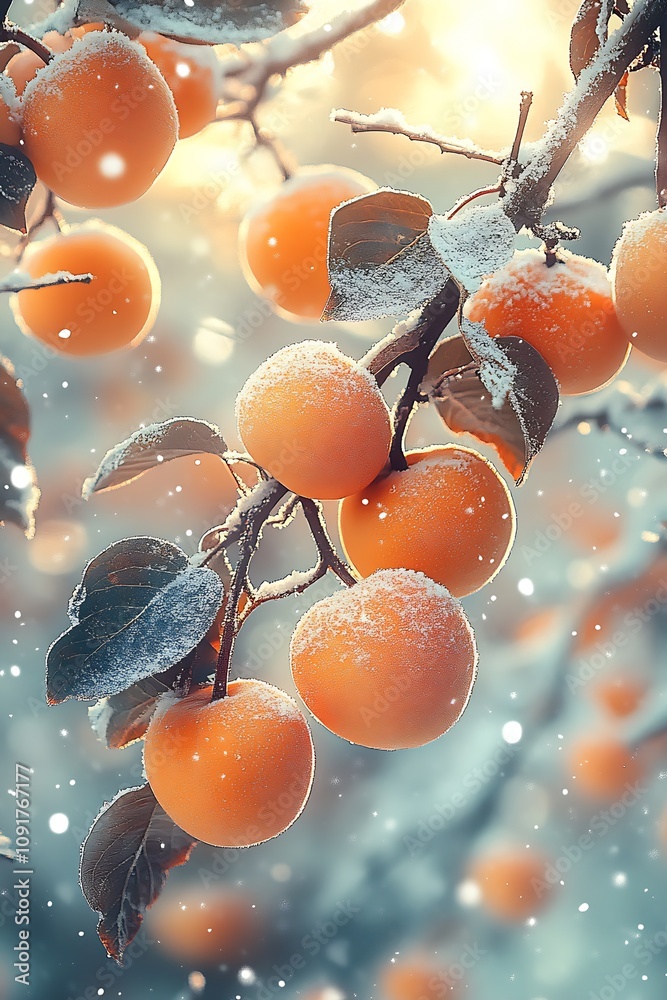 Poster winter frost covered orange fruits on branches with snowy background : generative ai