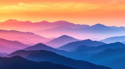Obraz premium Dramatic sunset paints the mountain landscape in shades of orange, pink, and purple, creating a serene atmosphere over the peaks. Generative AI