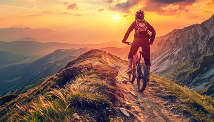 Fototapeta premium Man is riding a dirt bike on a mountain trail. The sun is setting in the background, casting a warm glow over the scene. The rider is focused on the road ahead