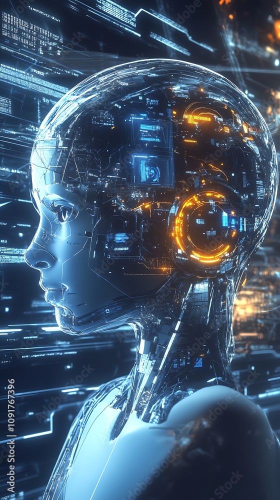 Aufkleber Conceptual Design of AI Enhanced Woman with Digital Circuitry : Generative AI