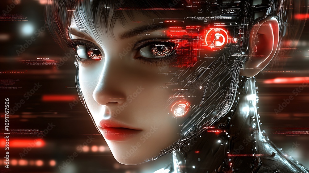 Poster side portrait of cyborg woman with enhanced red cybernetic features : generative ai