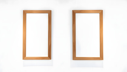 Picture frame mockup, Set of two vertical oak wooden frames on white wall, Template for artwork, painting or poster isolated with white highlights, png