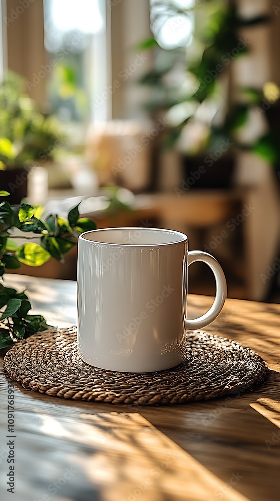 Poster Serene Morning Coffee Mug on Rustic Table in Sunlit Room with Greenery : Generative AI