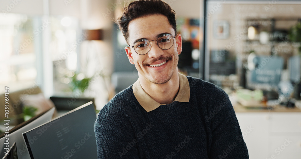 Poster Portrait, man and happy as programmer in office for web development, software maintenance and coding. Male developer, smile and computer programming with system update, application and project script