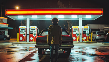 Fototapeta premium Man stands in front of a gas station with a car in the background. The scene is set at night, and the man is waiting for someone or something. The atmosphere of the image is somewhat mysterious
