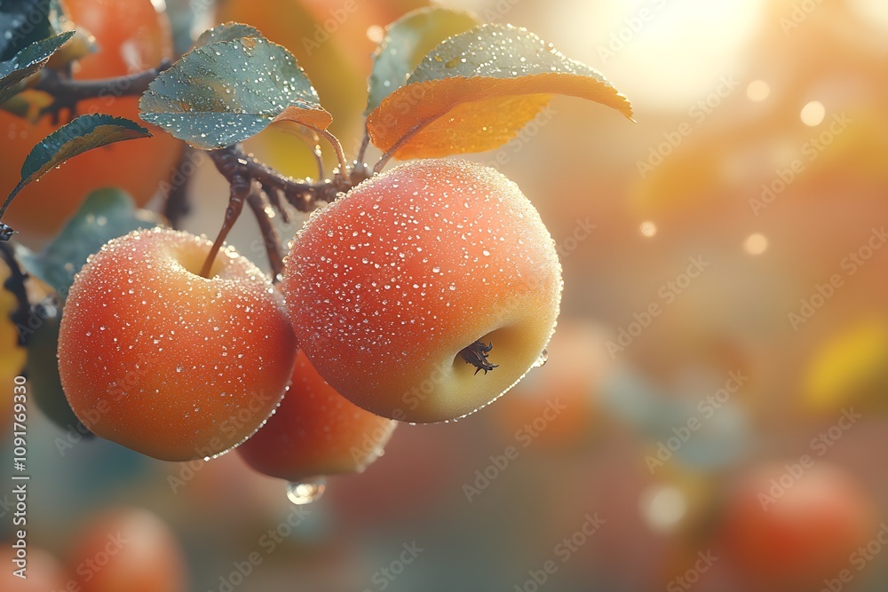 Poster close-up of dew-drenched apples on tree branch in warm sunrise glow : generative ai
