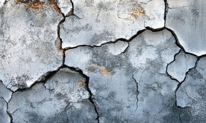 Obraz premium Cracked concrete texture with exposed reinforced steel creates stark, industrial feel