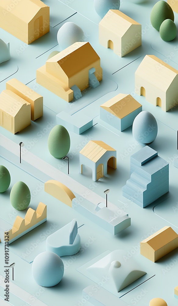 Aufkleber Abstract Pastel Model City Layout with Geometric Blocks and Simplistic Architectural Forms : Generative AI