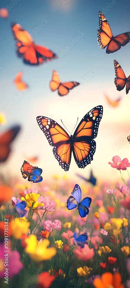 Poster beautiful butterflies soaring over a blossom filled meadow capturing essence of springtime wonder : 