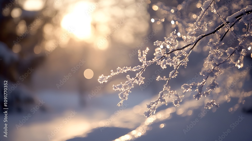 Aufkleber winterscape with frost-covered branches at sunrise capturing light : generative ai