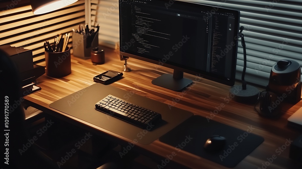 Poster minimalist home office desk with night lamp and tech gadgets supporting a focused and organized work