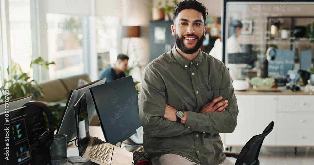 Fototapete Portrait, man and programmer with pride in office of software development, website maintenance and coding. Male developer, arms crossed and computer with system update, application and project script