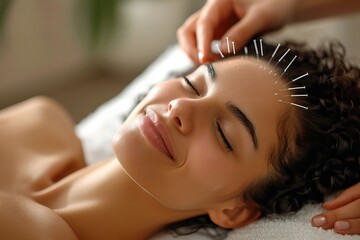 Young Woman Relaxing and Receiving Acupuncture Therapy at a Beauty Spa