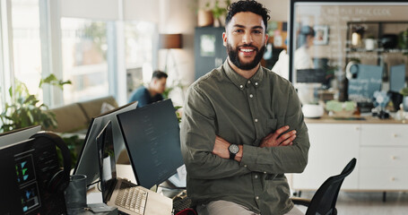 Portrait, man and programmer with pride in office of software development, website maintenance and...