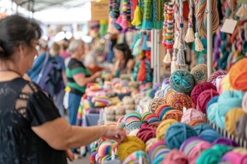Fototapeta premium Vibrant Yarn Festival with Colorful Displays and Engaged Visitors Celebrating Creativity