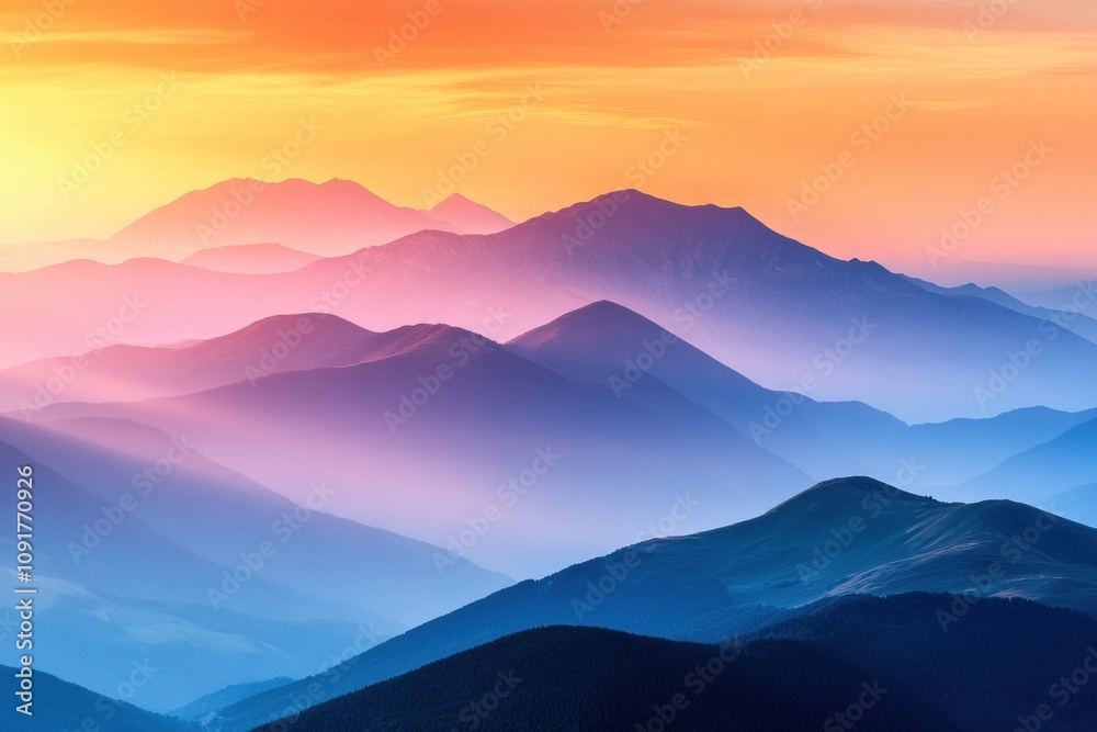 Poster Vibrant hues of orange and purple fill the sky as the sun sets behind a series of mountain ranges, creating a tranquil atmosphere. Generative AI