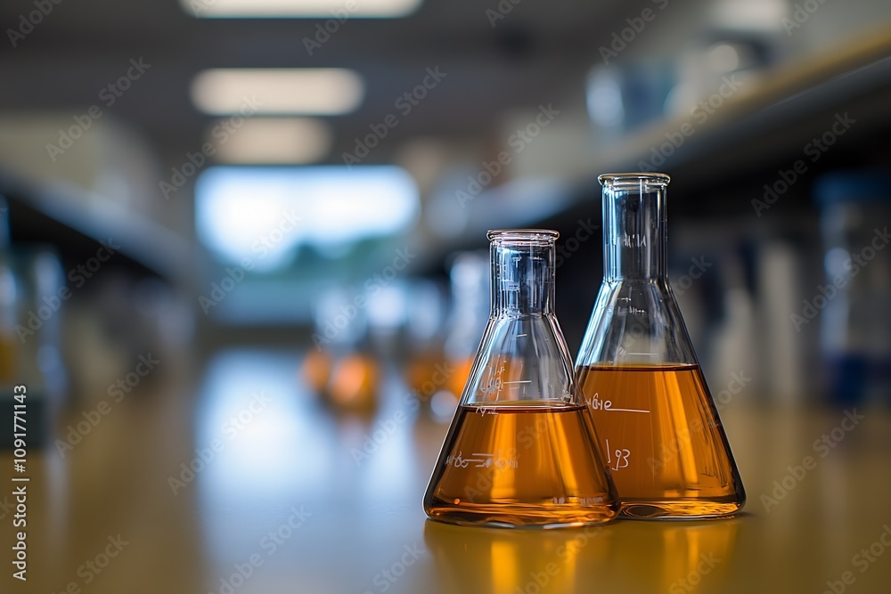 Poster Close-Up of Laboratory Glassware with Orange Liquid on Wooden Surface in Laboratory Setting : Generative AI