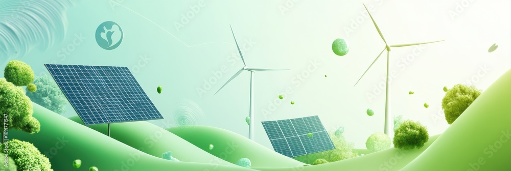 Aufkleber solar panels and wind turbines contrast with abstract green patterns in a minimalist environment emp