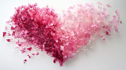 Fototapeta premium A heart-shaped floral artwork crafted with pink flower petals in a gradient from deep rose to soft blush tones. The design is arranged on a smooth white surface, creating a striking, romantic visual.