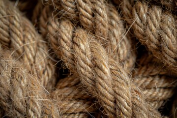 Fototapeta premium Detailed view of thick, natural fiber rope intertwined and resting, highlighting the unique texture and craftsmanship under soft lighting in a serene setting.