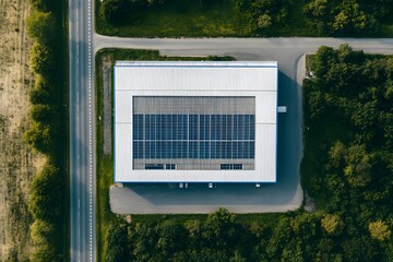 Clean energy solar cell on the roof of a mega factory, showcasing modern technology for sustainable industrial energy.