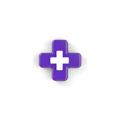 Obraz premium 3d purple plus sign icon on the white background. Cartoon 3d icon of first aid and health care with minimal style. Medical symbol of emergency help. 3d medical aid vector render illustration