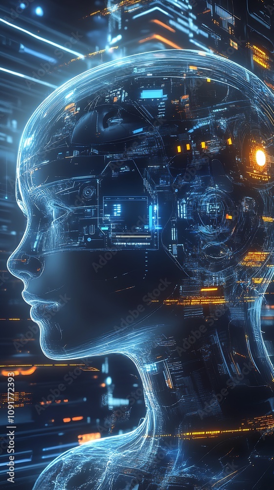 Poster AI Futuristic Woman in Cybernetic Enviroment with Digital Interfaces : Generative AI