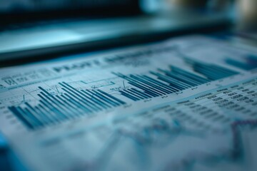 A financial report features colorful bar graphs and numerical data, spread across a desk, illuminated by soft ambient lighting in an office setting.