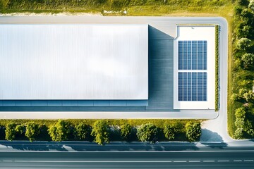 Clean energy solar cell on the roof of a mega factory, showcasing modern technology for sustainable industrial energy.