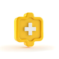 Obraz premium 3d yellow plus sign icon on the white background. Cartoon icon of first aid and health care with minimal style. Medical symbol of emergency help. 3d aid vector render illustration
